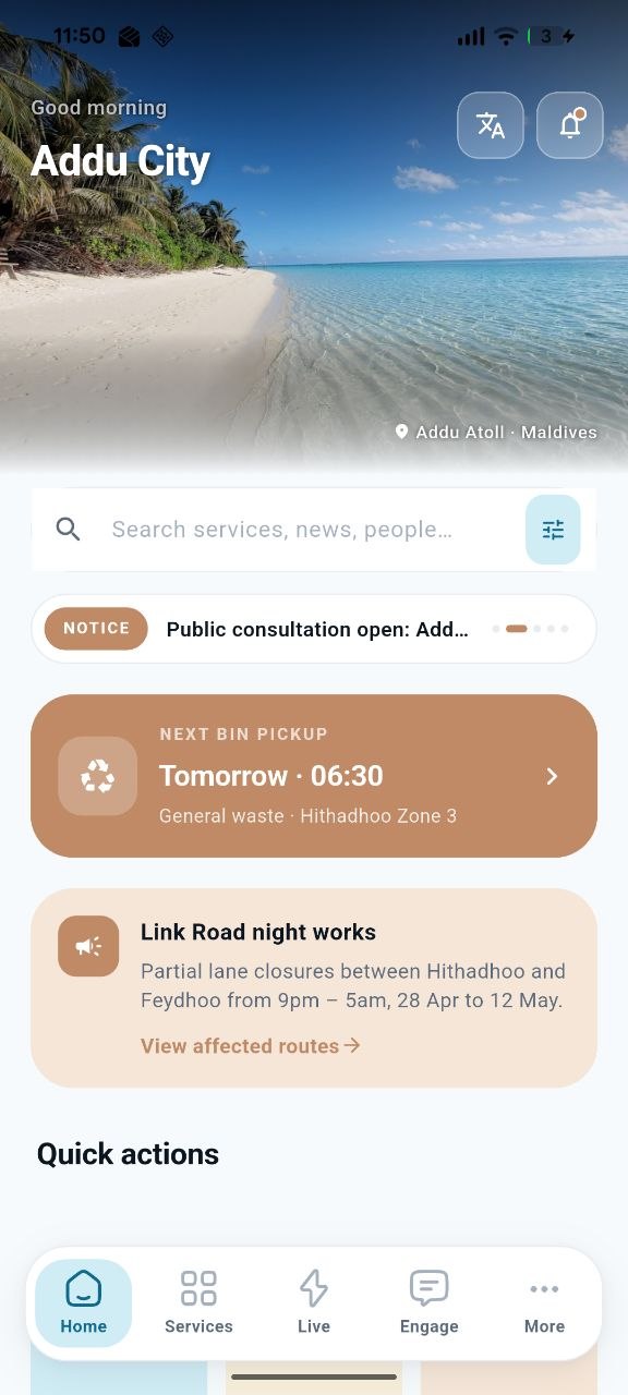 Addu City mobile app home screen